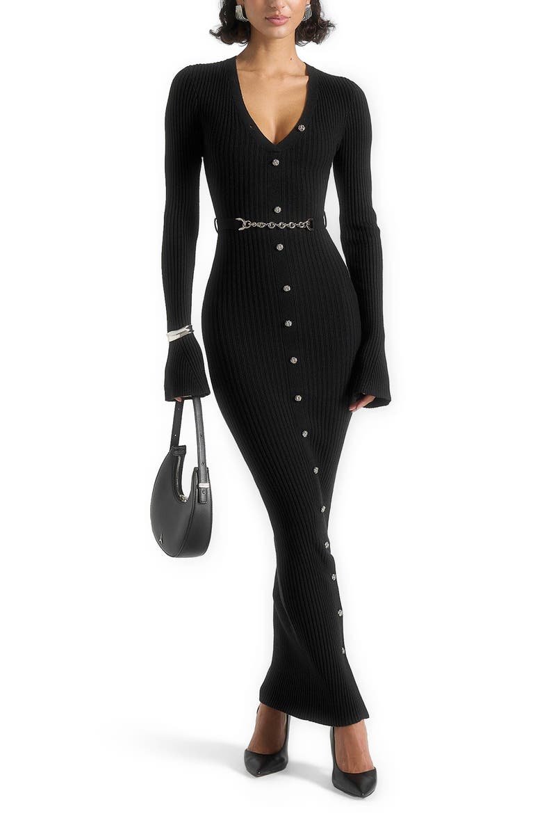 Manière De Voir Assia Long Sleeve Knitted Midaxi Dress With Belt, Alternate, color, Black