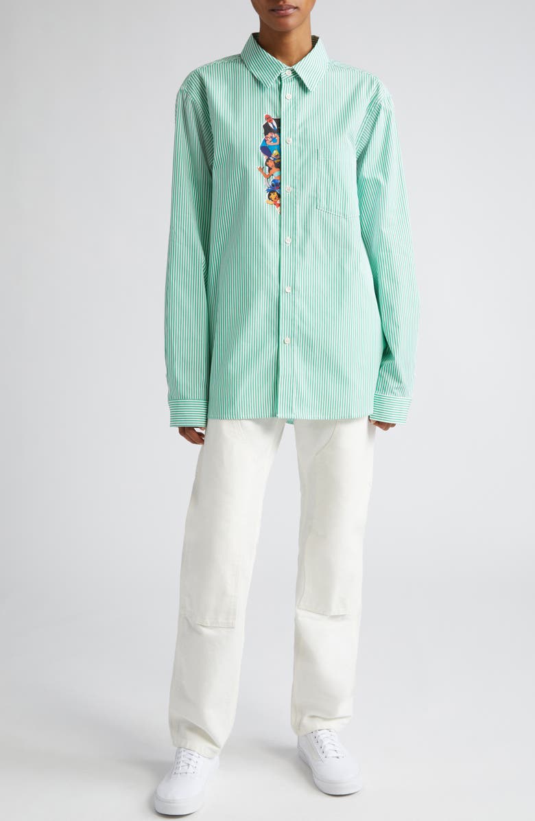 Wahine x Disney Gender Inclusive 'Lilo & Stitch' Waimea Stripe Button-Up Shirt, Alternate, color, Green/ White