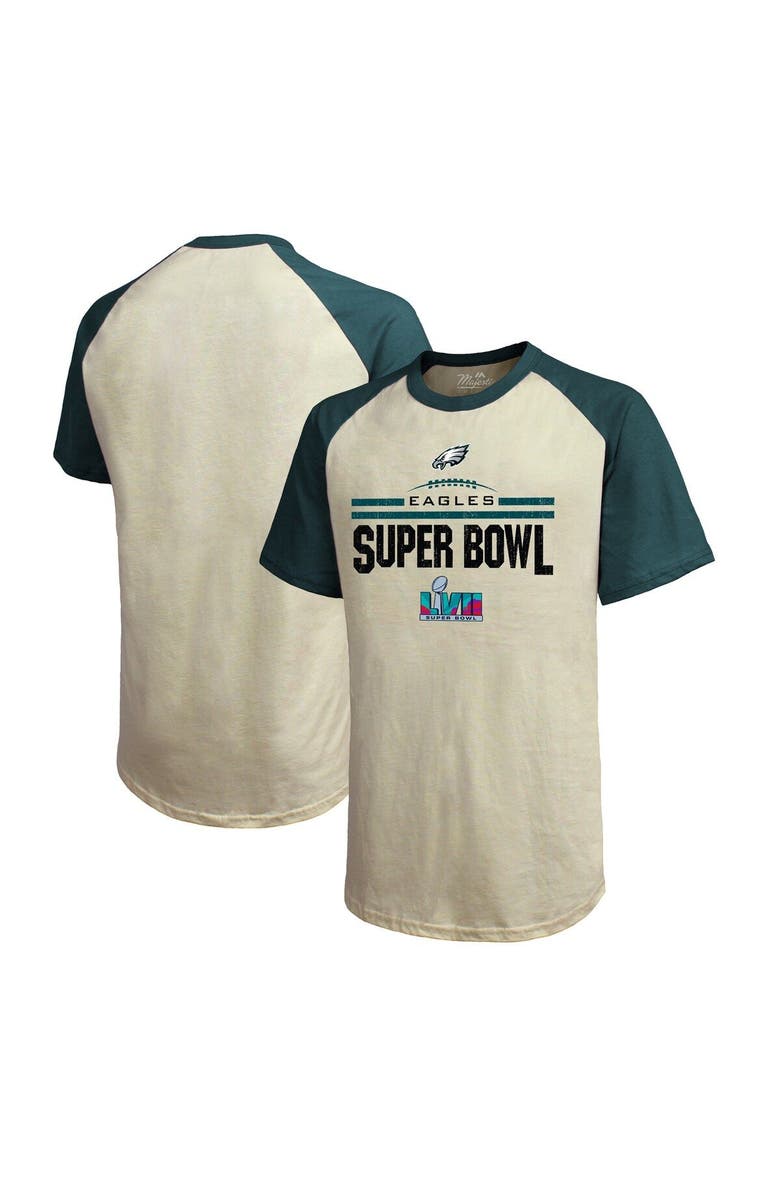 Majestic Threads Men's Majestic Threads Cream/Midnight Green Philadelphia Eagles Super Bowl LVII Goal Line Stand Raglan T-Shirt, Main, color, 