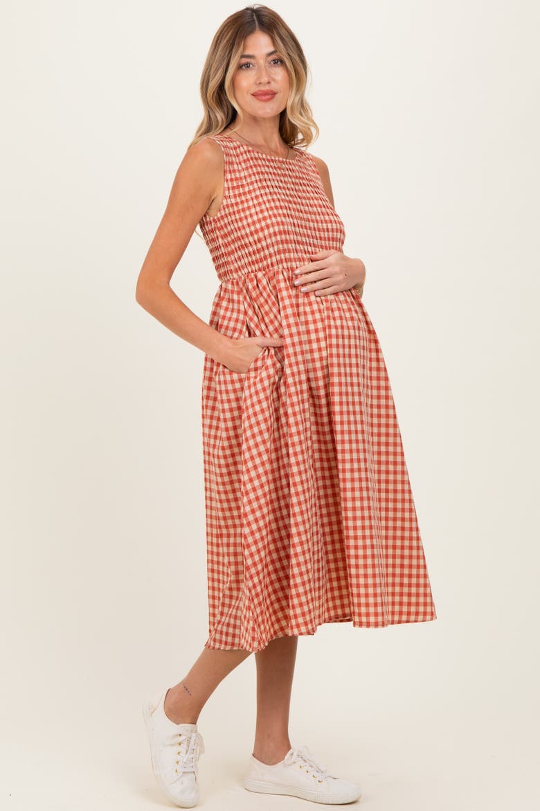 Gingham Smocked Sleeveless Midi Dress, Alternate, color, Red