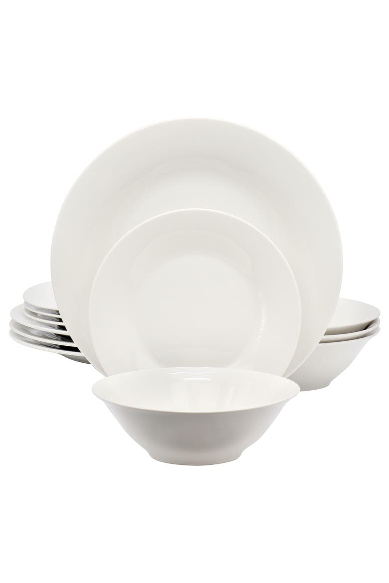 Everyday 12 Piece Round Fine Ceramic Dinnerware Set, Main, color, White