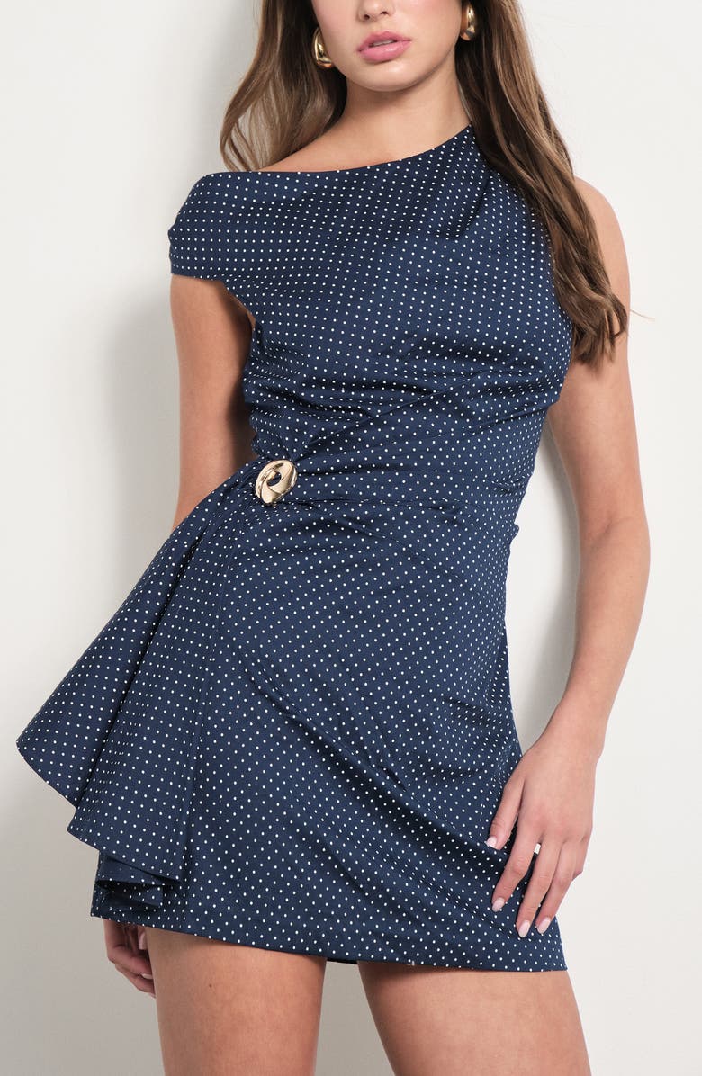 MAUDE CLUB Kaia Dot One-Shoulder Minidress, Alternate, color, Navy White Dots