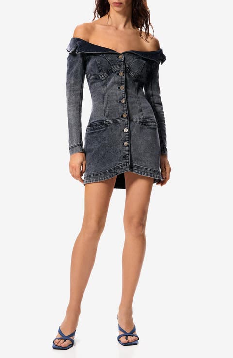 x Masha Popova Long Sleeve Off the Shoulder Denim Minidress