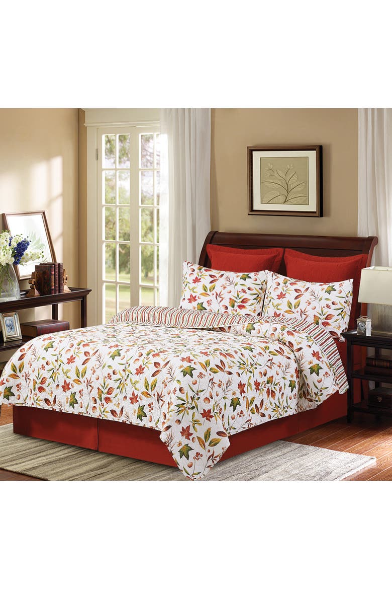 Camilla Fall Leaves Cotton Quilt Set  - Reversible and Machine Washable, Alternate, color, Red