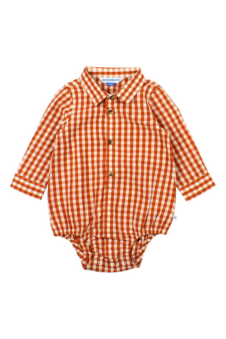 Baby Boys Long Sleeve Button Down Bodysuit, Main, color, Classic Rust Gingham