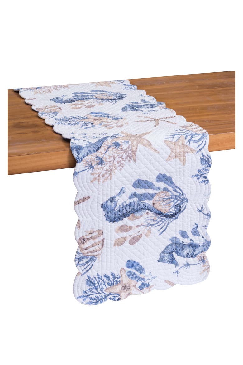Seahorse Sands Reversible Graphic Print Machine Washable Scallop Quilt Table Runner 14" x 51", Main, color, Blue