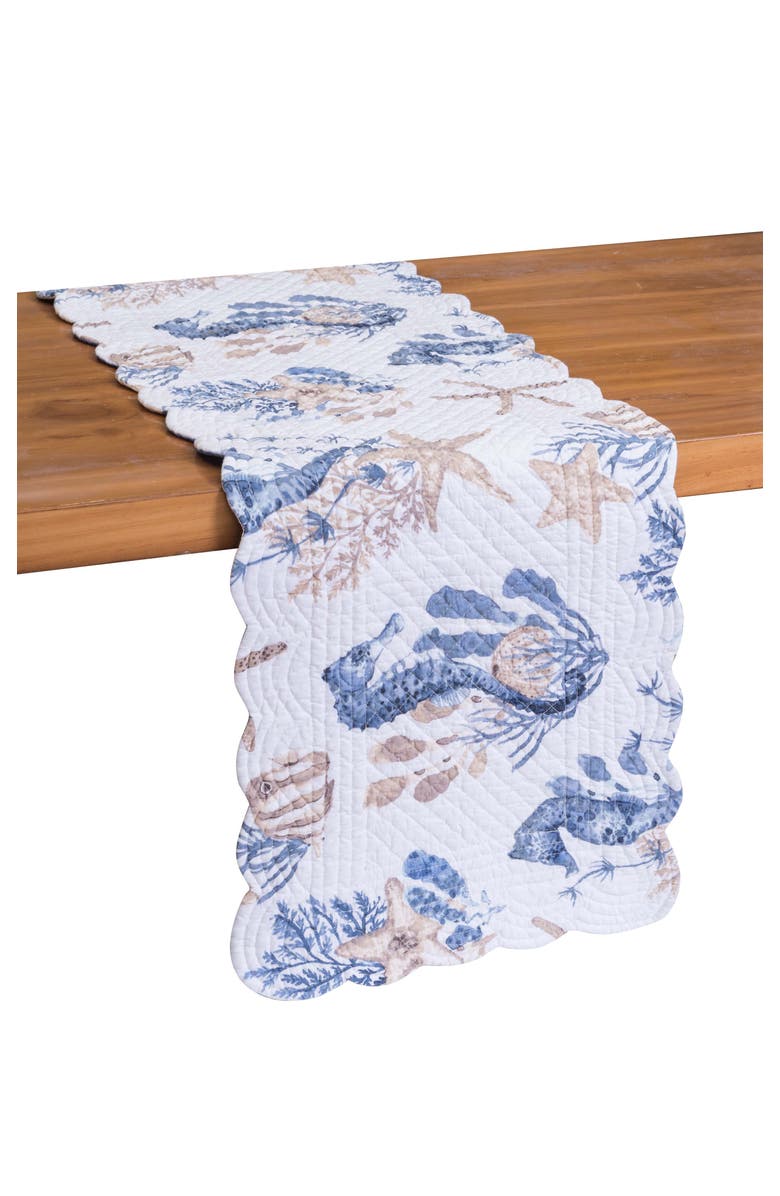 C&F Home Seahorse Sands Reversible Graphic Print Machine Washable Scallop Quilt Table Runner 14" x 51", Main, color, Blue