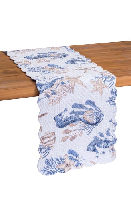 Seahorse Sands Reversible Graphic Print Machine Washable Scallop Quilt Table Runner 14" x 51"