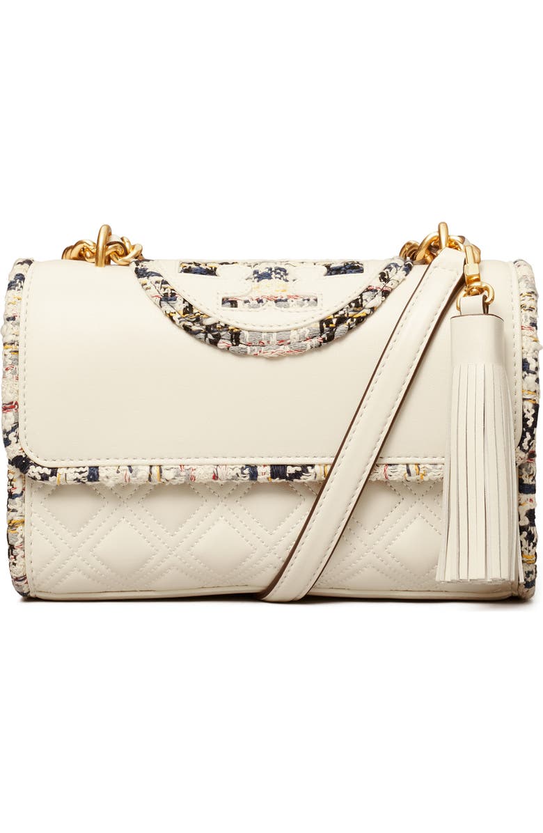Tory Burch Small Fleming Convertible Leather & Tweed Shoulder Bag, Main, color,