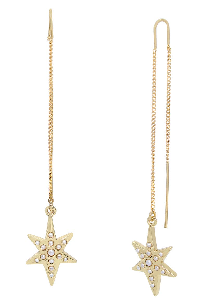 Faux Pearl Star Threader Drop Earrings, Main, color, GOLD