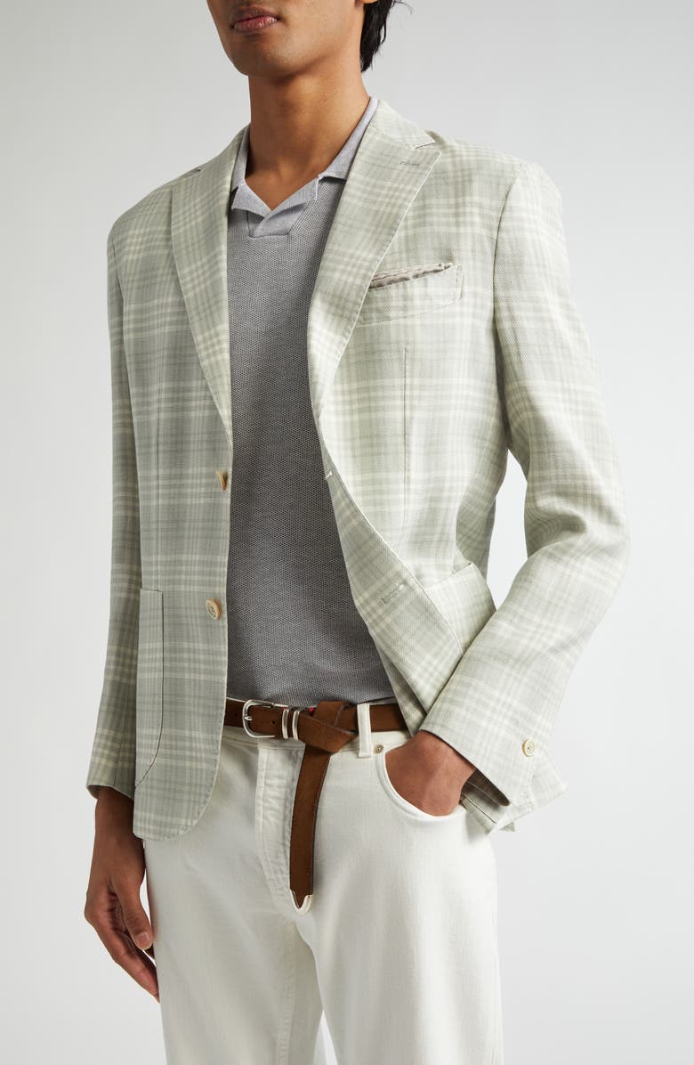 Eleventy Unstructured Plaid Linen & Wool Blend Sport Coat, Alternate, color, Military Green