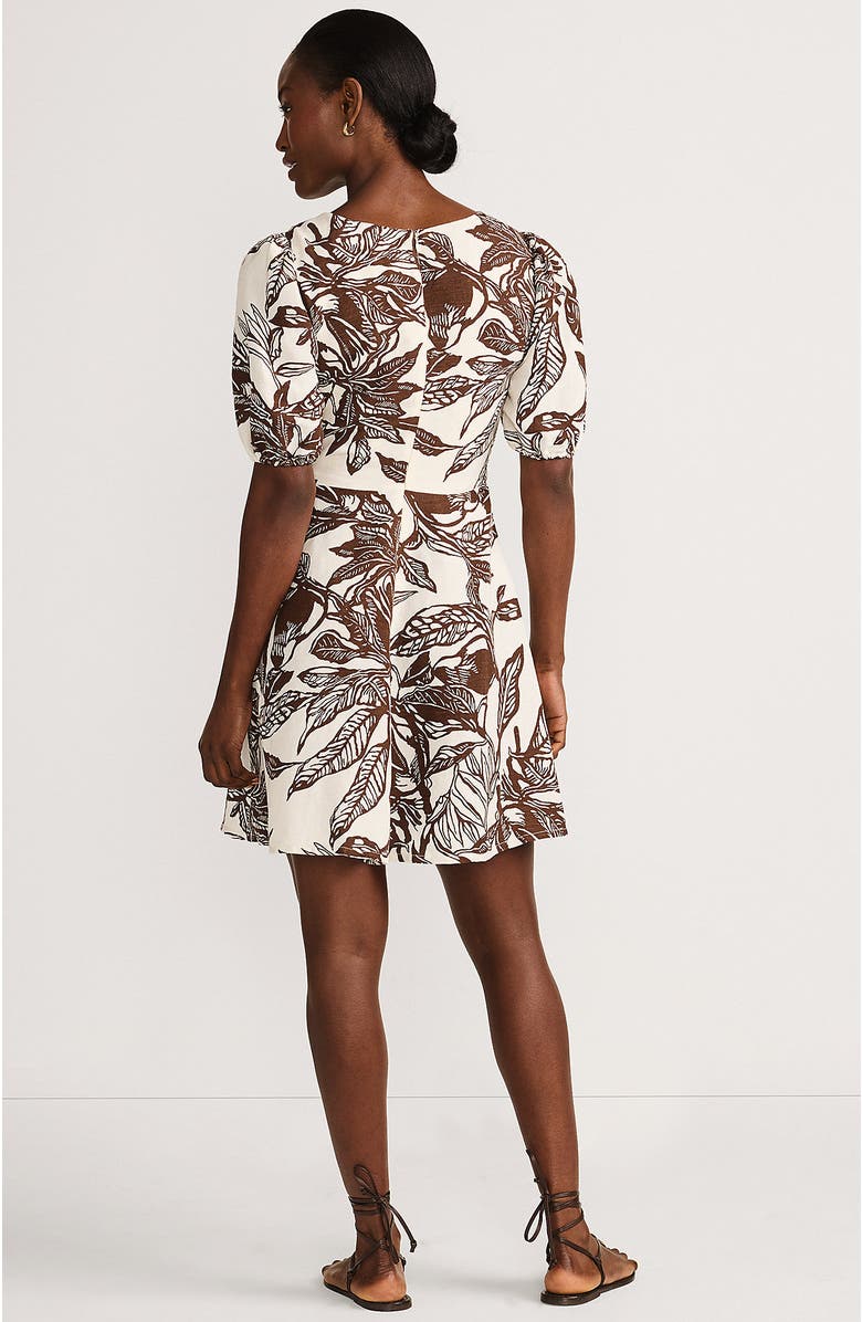 Lands' End Linen Above the Knee Puff Sleeve Dress, Alternate, color, Vanilla/Bark Etched Leaves