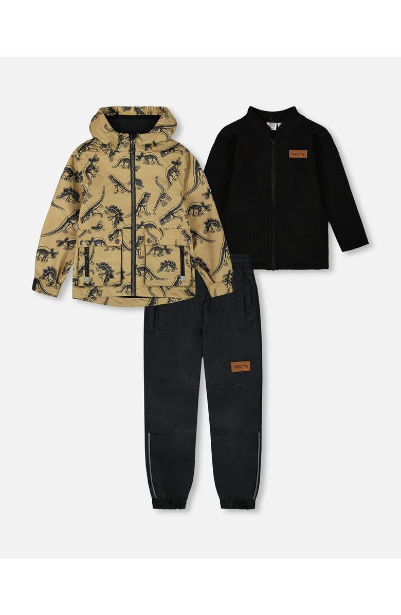 Deux par Deux Baby Boy's 3-In-1 Mid-Season Outerwear Set Black Dinosaur On Beige Background, Main, color, Black Dinosaur On Beige