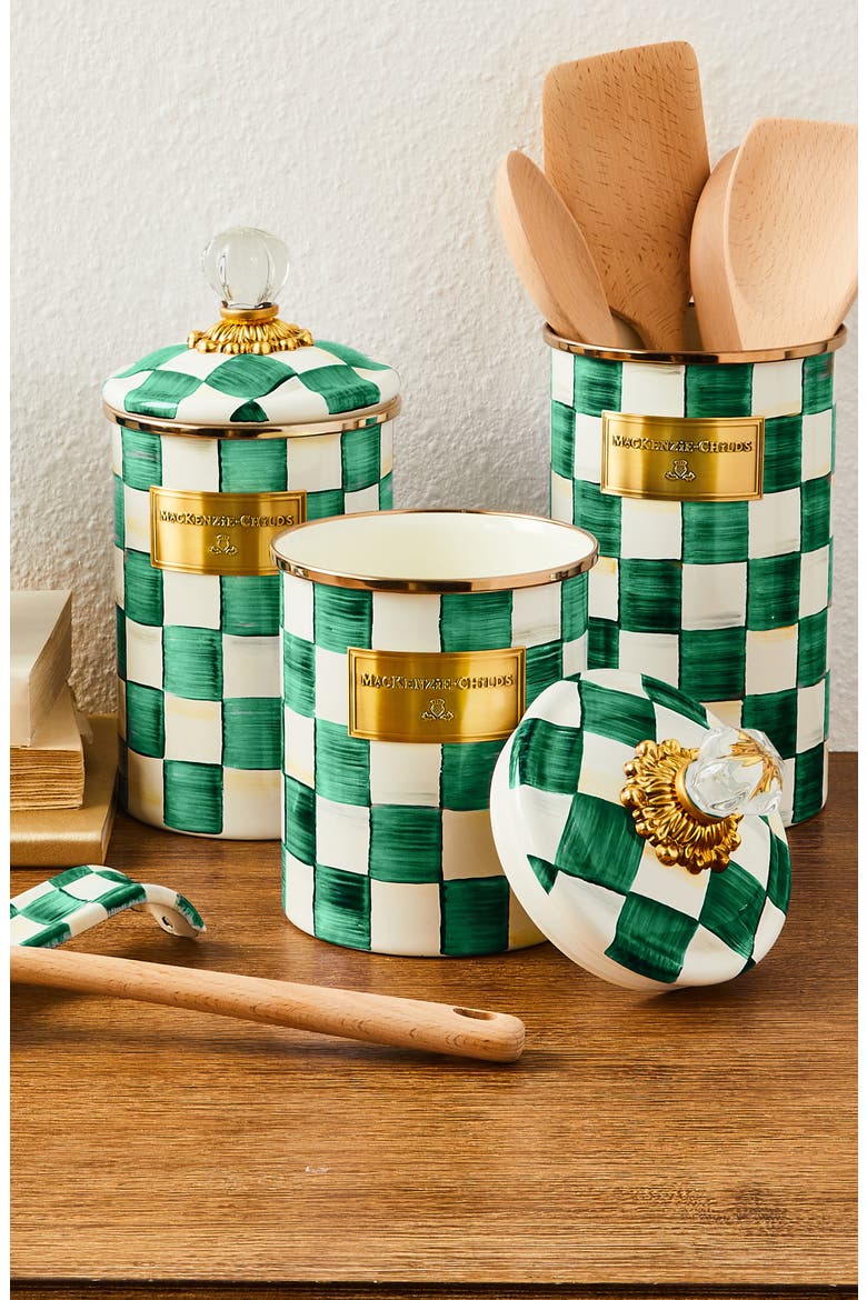 Emerald Check Medium Enameled Steel Canister, Alternate, color, EMERALD