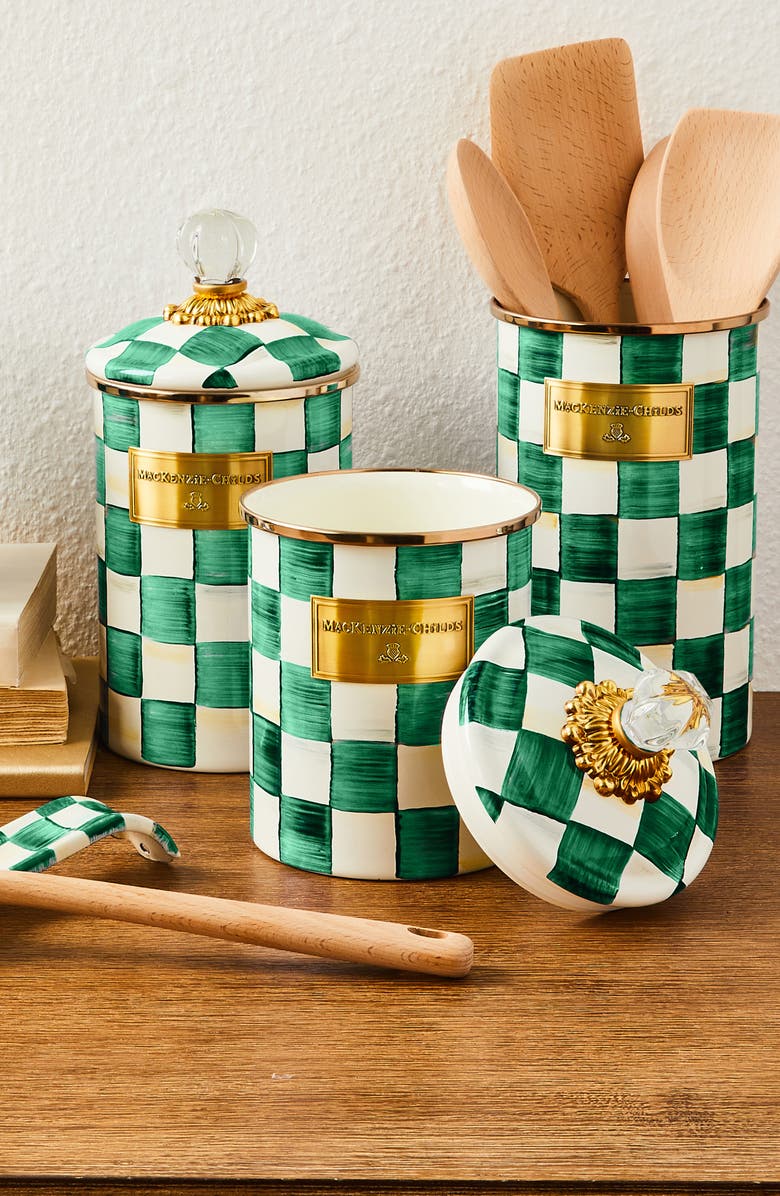 MACKENZIE CHILDS Emerald Check Medium Enameled Steel Canister, Alternate, color, Emerald