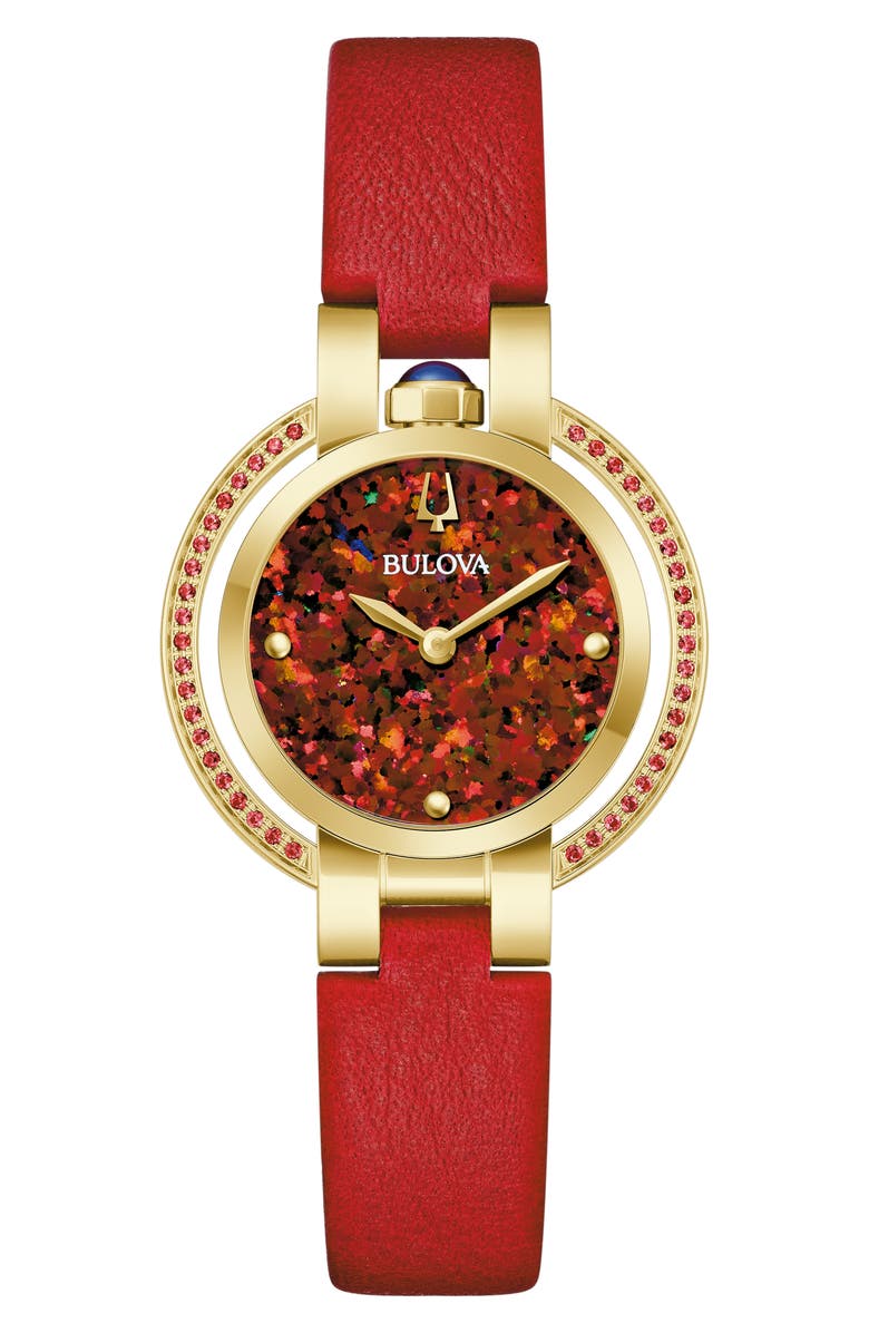 BULOVA Rubaiyat Synthetic Fire Opal Leather Strap Watch, 30.5mm, Main, color, Red