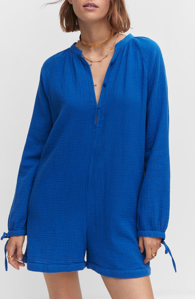 MANGO Long Sleeve Cotton Gauze Romper, Alternate, color, 