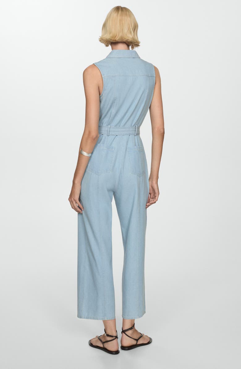 MANGO Belted Sleeveless Zip Denim Jumpsuit, Alternate, color, Light Blue