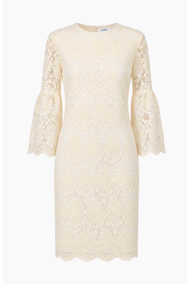 Floral Lace 3/4 Bell-Sleeve Crew-Neck Shift Mini Dress, Alternate, color, Bone
