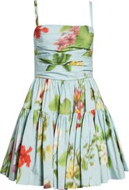 Oscar de la Renta Chiné Floral Print Ruched Cotton Stretch Poplin Sundress