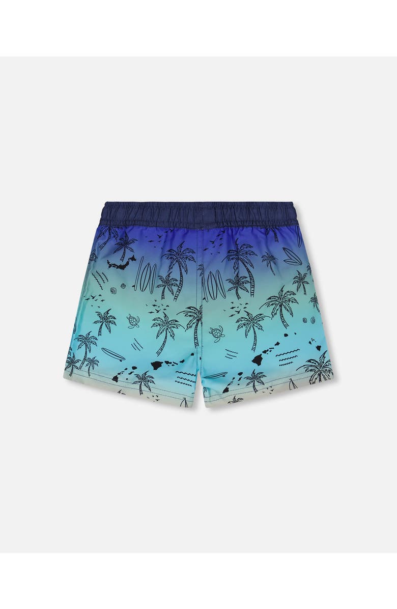 Deux par Deux Mid Thigh Elastic Waist Beach Boardshorts, Alternate, color, Blue Beach Print