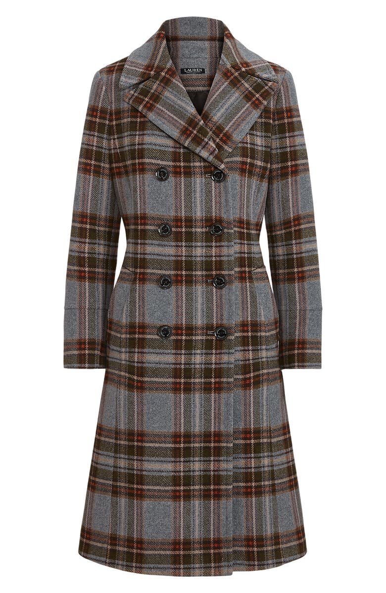 Lauren Ralph Lauren Plaid Double Breasted Wool Blend Long Coat, Alternate, color,