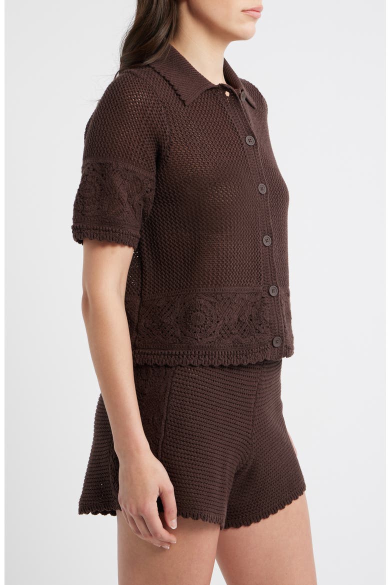 Celtia Mixed Open Stitch Cotton Blend Button-Up Sweater, Alternate, color, CHOCOLATE