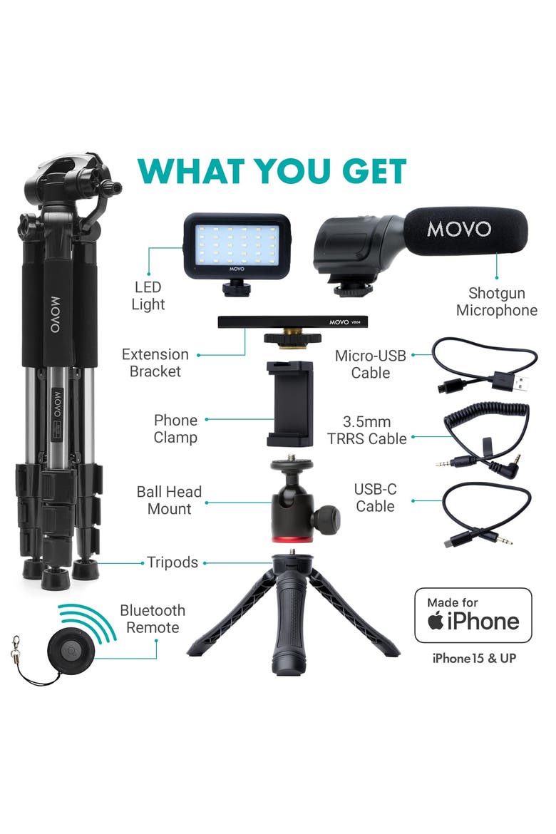 USB-C Vlogging Kit for iPhone 15 and up with Fullsize Tripod, Alternate, color, Black
