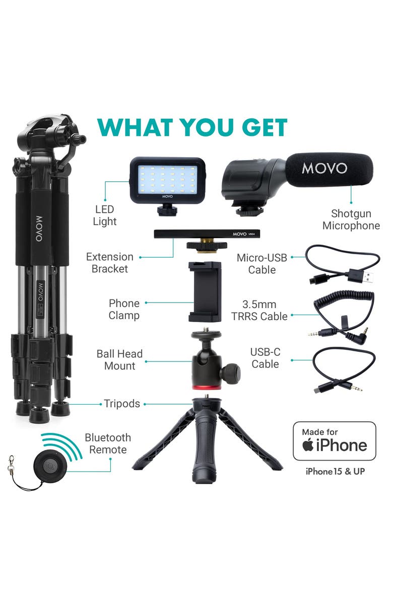 MOVO USB-C Vlogging Kit for iPhone 15 and up with Fullsize Tripod, Alternate, color, Black