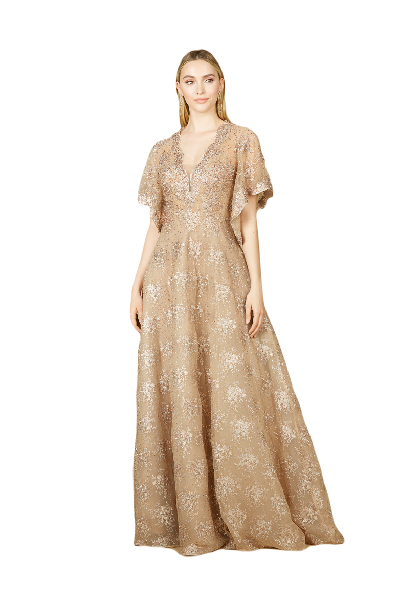 Cape Sleeve V-Neck Gown, Main, color, Stone
