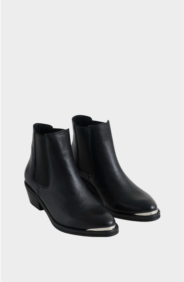 Velez Dark Leather Ankle Boots With Metallic Toe Cap, Alternate, color, Black