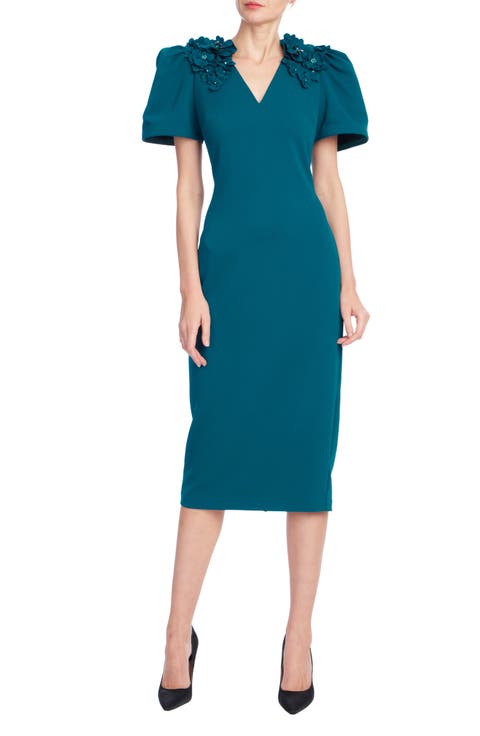 Beaded Flower Stretch Crepe Cocktail Dress
