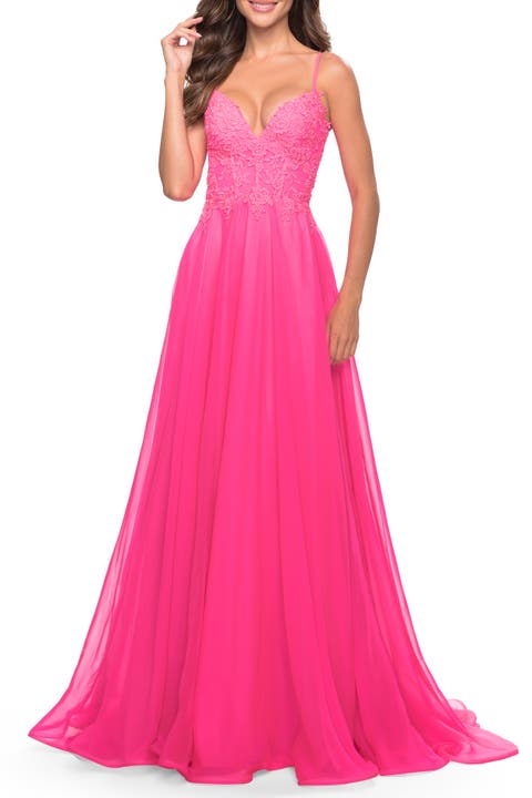 A-line Gown with Sheer Floral Embellished Bodice in Neon Pink