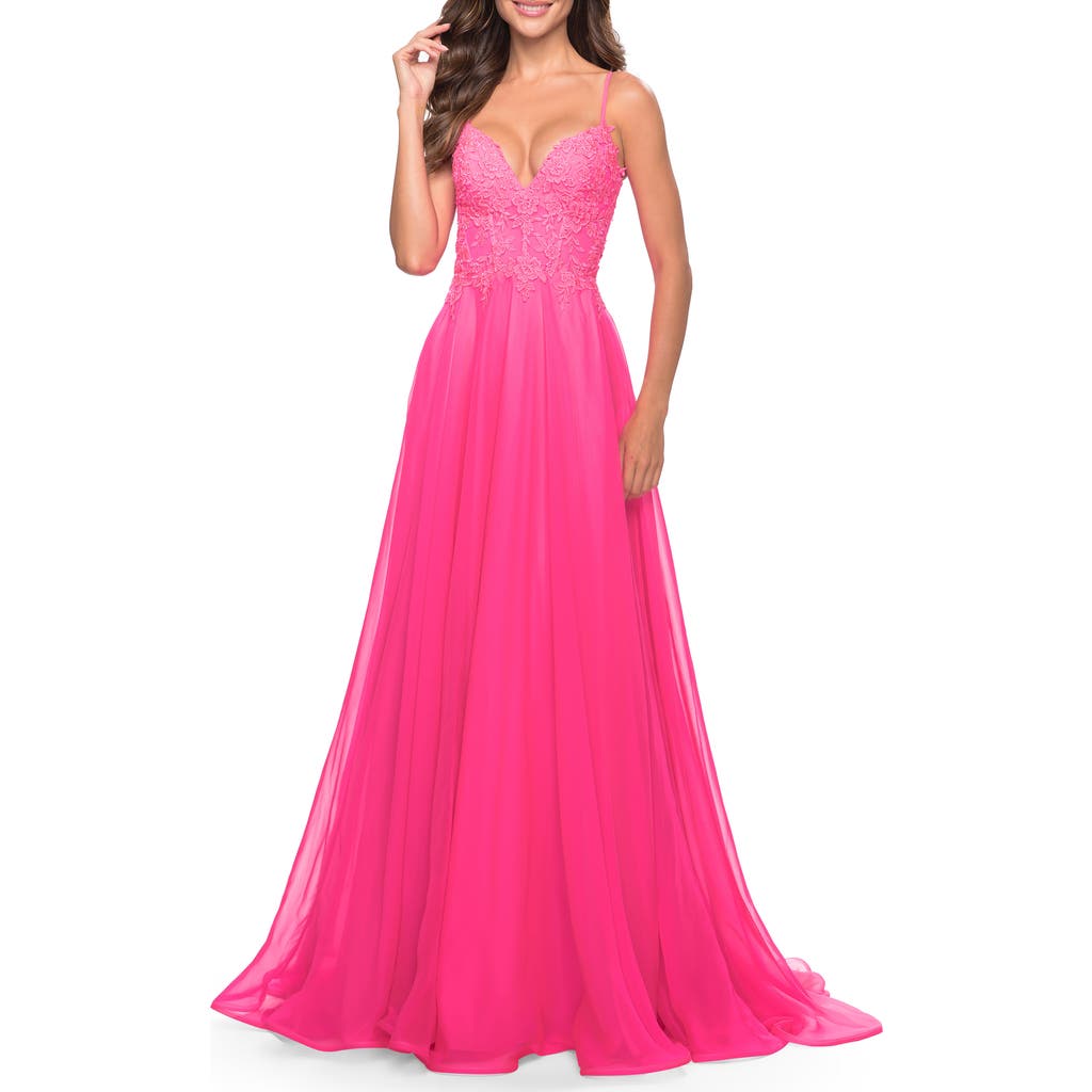 La Femme A-line Gown with Sheer Floral Embellished Bodice in Neon Pink  product