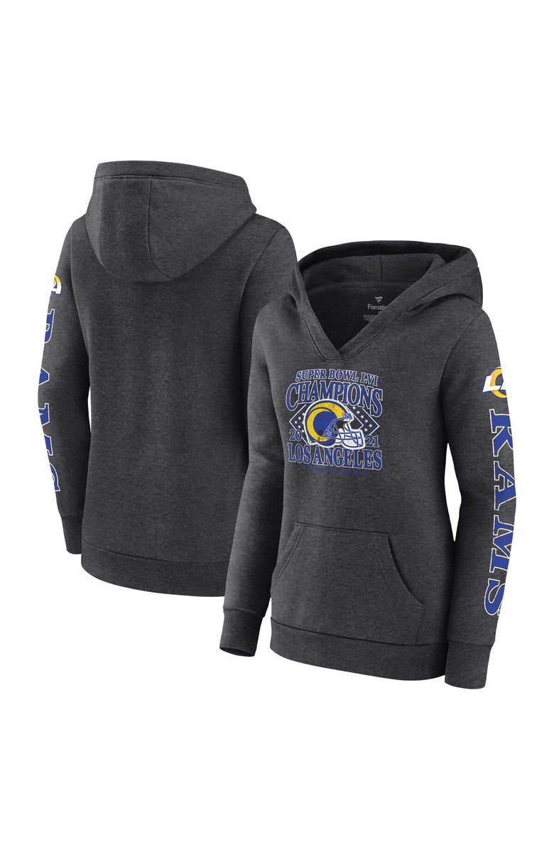 FANATICS Women's Fanatics Branded Heathered Charcoal Los Angeles Rams Super Bowl LVI Champions Retro Pullover Hoodie, Main, color, Heather Charcoal