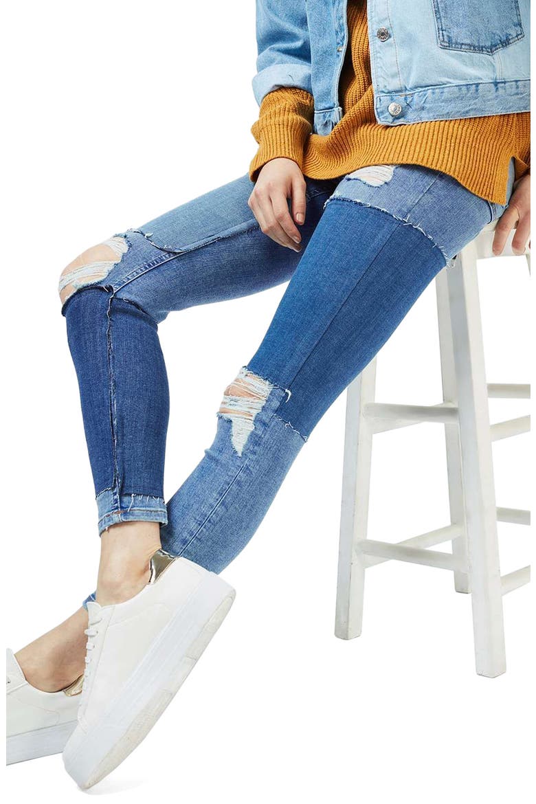 Moto Jamie Rip Panel Skinny Jeans, Alternate, color, MID DENIM