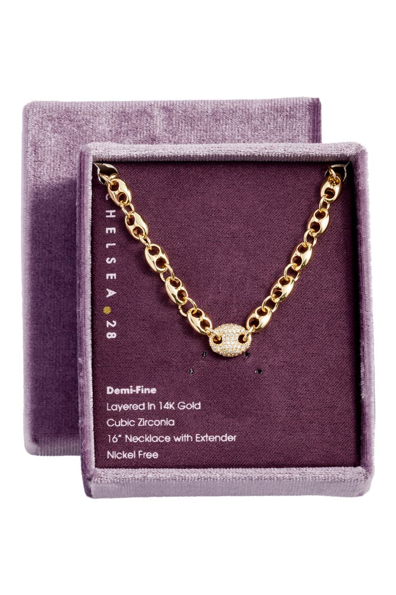 Pavé Cubic Zirconia Mariner Chain Necklace, Main, color, CLEAR- GOLD