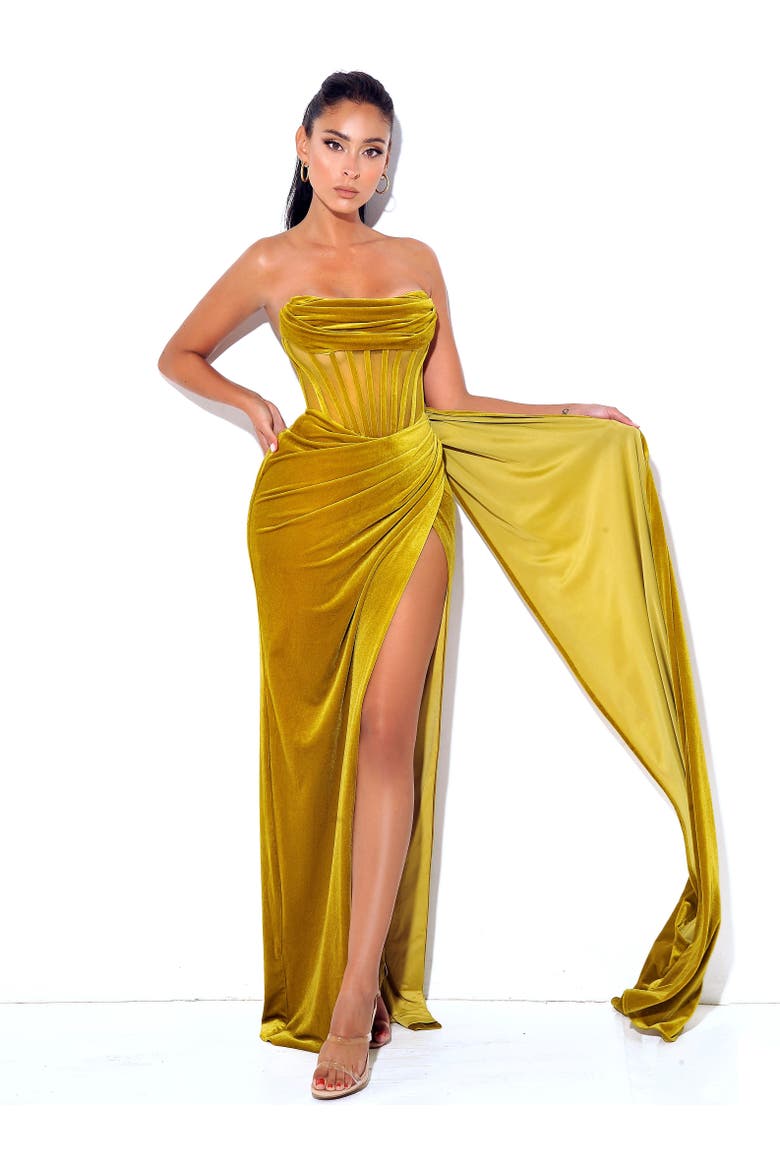Priyaa High Slit Draping Corset Evening Gown, Alternate, color, Gold
