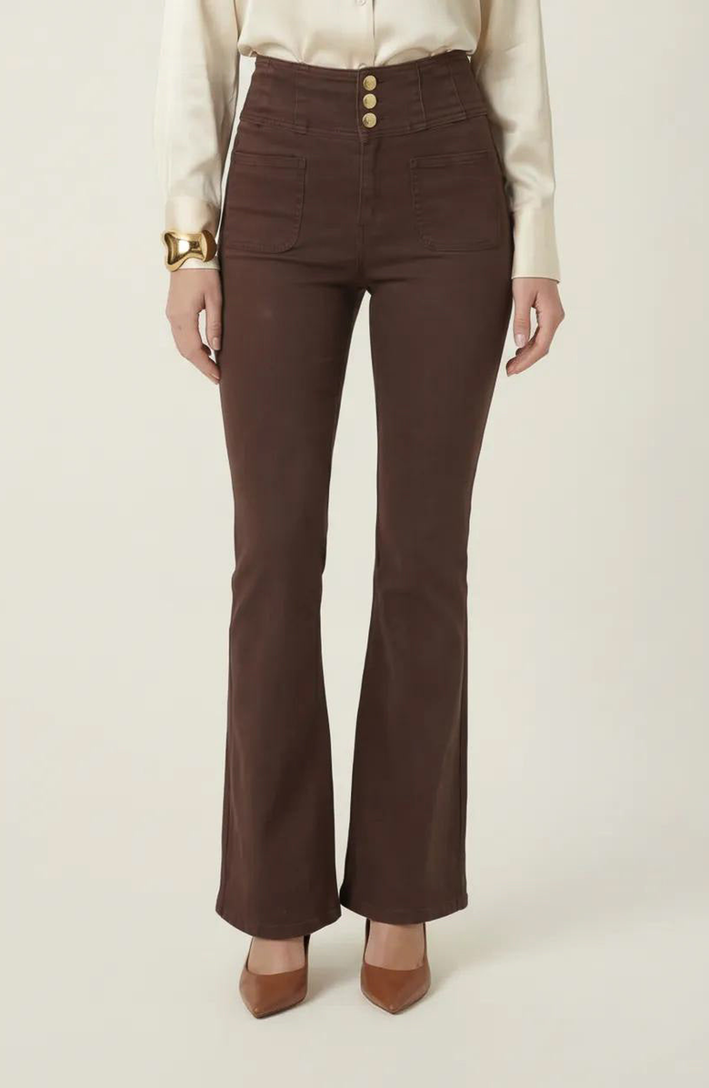 Modenaire High Waist Flare Pants with Button Front, Main, color, Chocolate Brown
