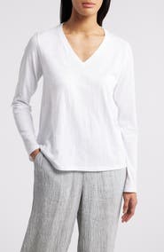 Eileen Fisher Easy V-Neck Long Sleeve Organic Cotton T-Shirt