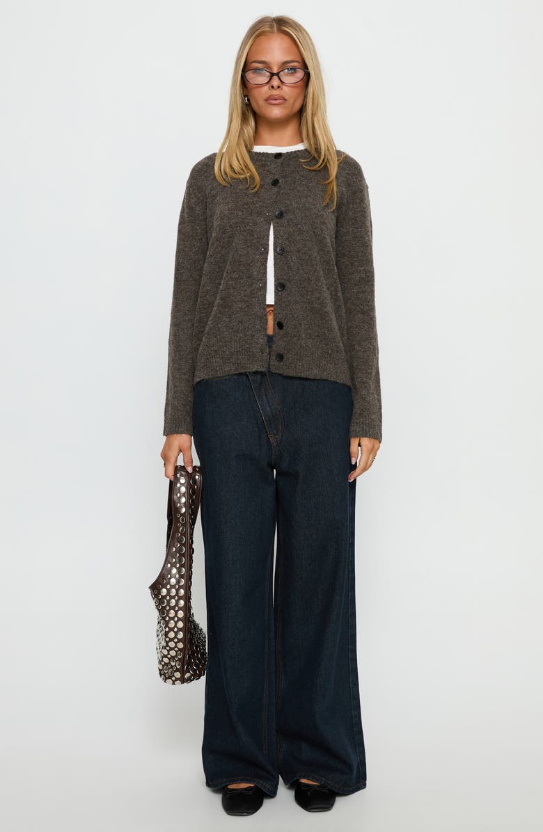 Princess Polly Better than Fiction Crewneck Cardigan, Alternate, color, Mocha