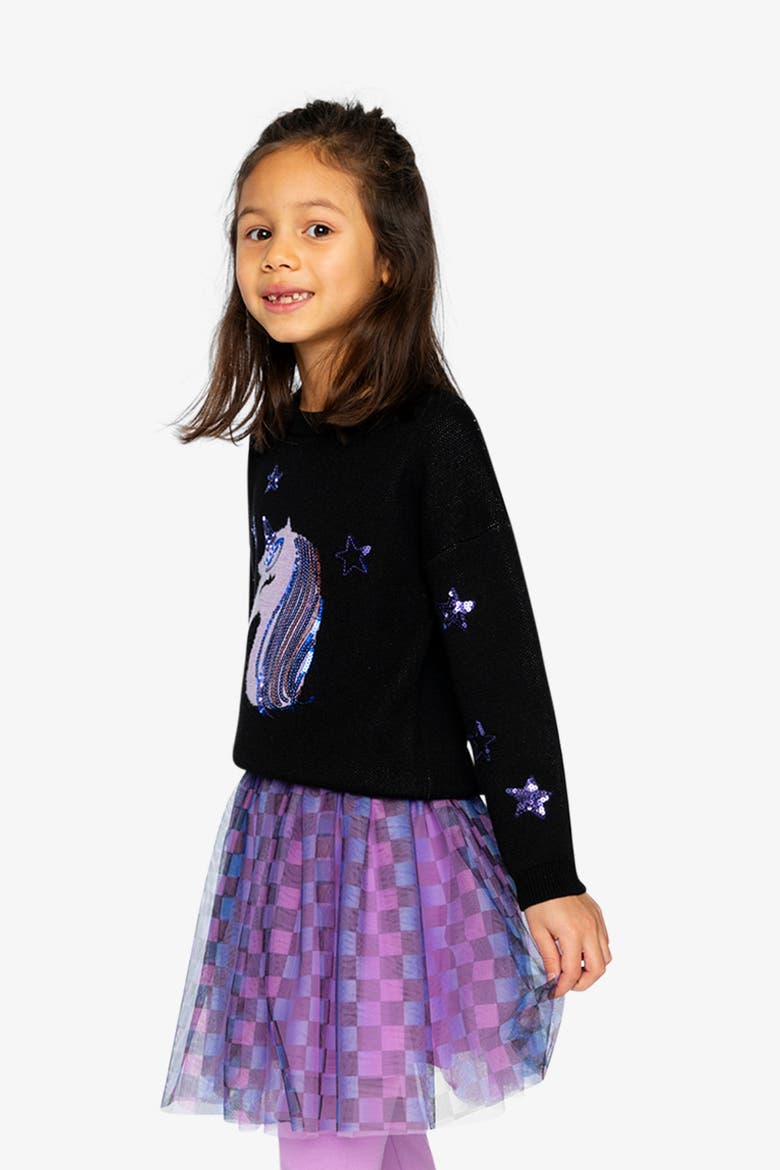 Intarsia Sequin Star Knitted Sweater, Alternate, color, Black and Mauve