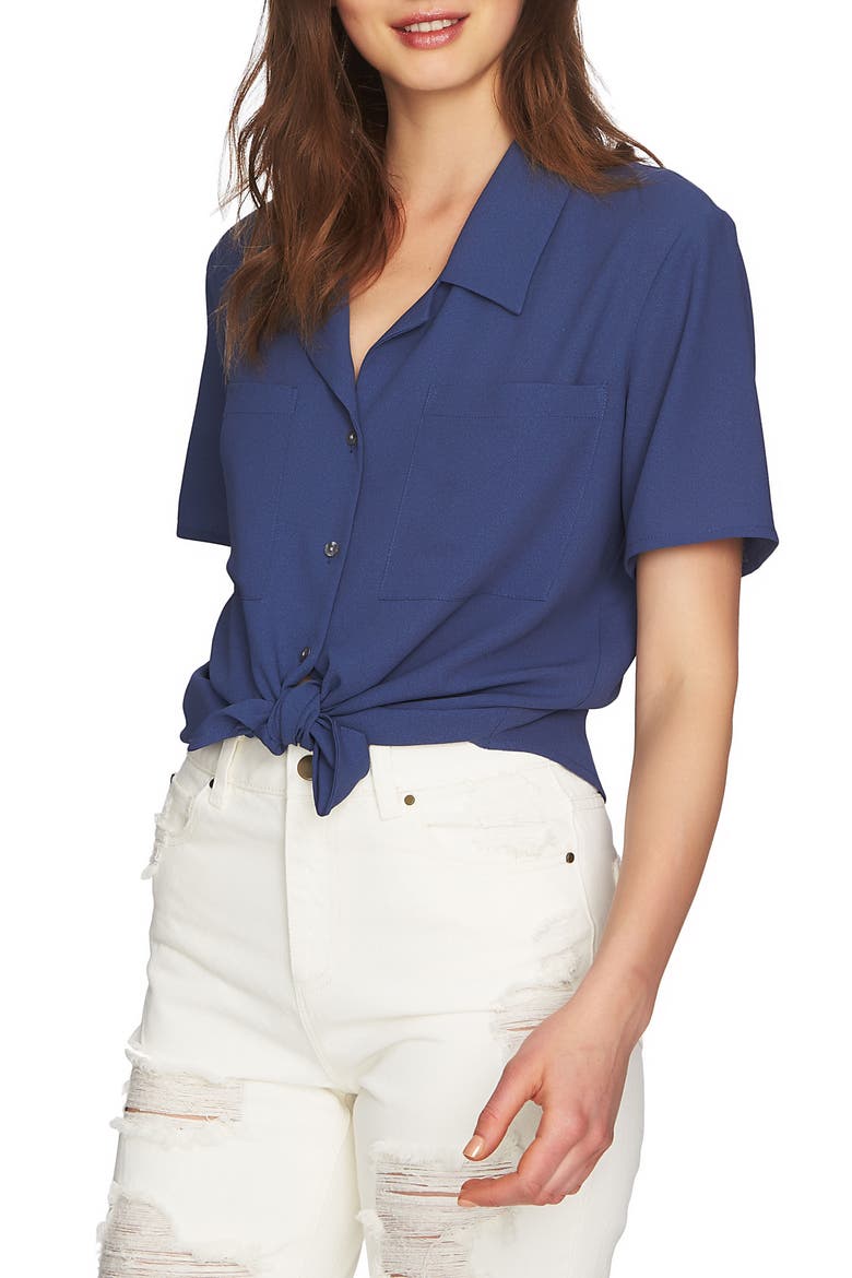 Tie Front Button Down Blouse, Main, color, MOON SHADE