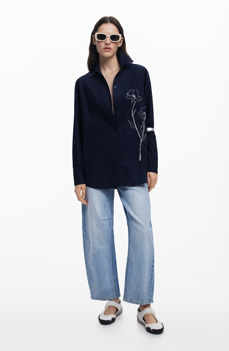 Desigual Floral Embroidered Oversize Cotton Graphic Button-Up Shirt, Alternate, color, 