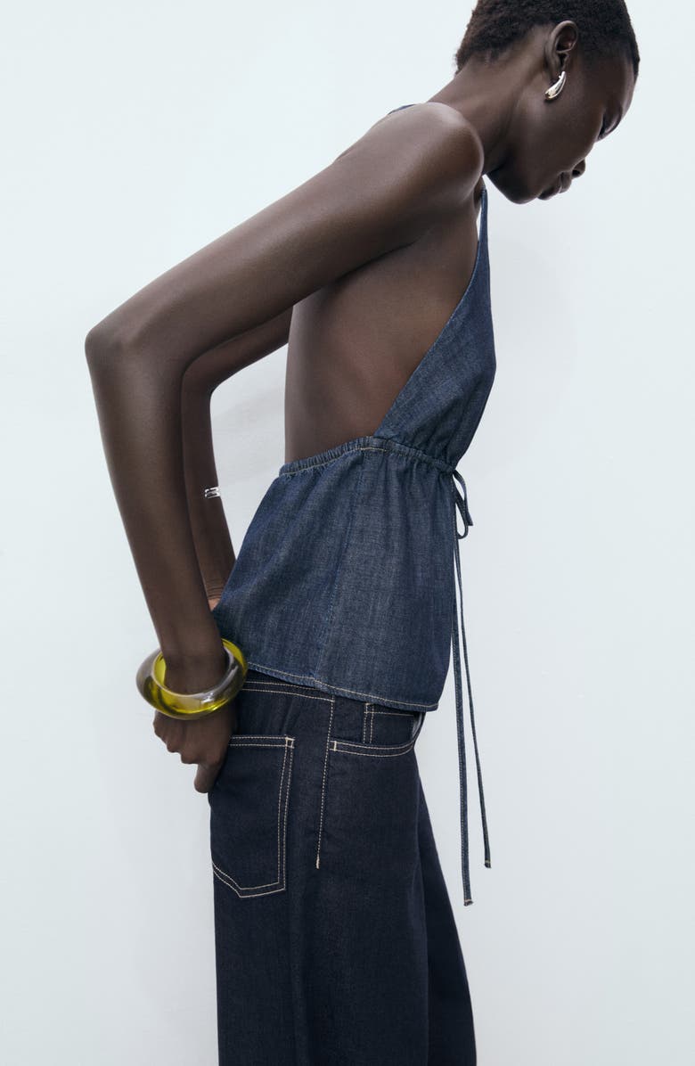 MANGO Denim Halter Top, Alternate, color, Open Blue