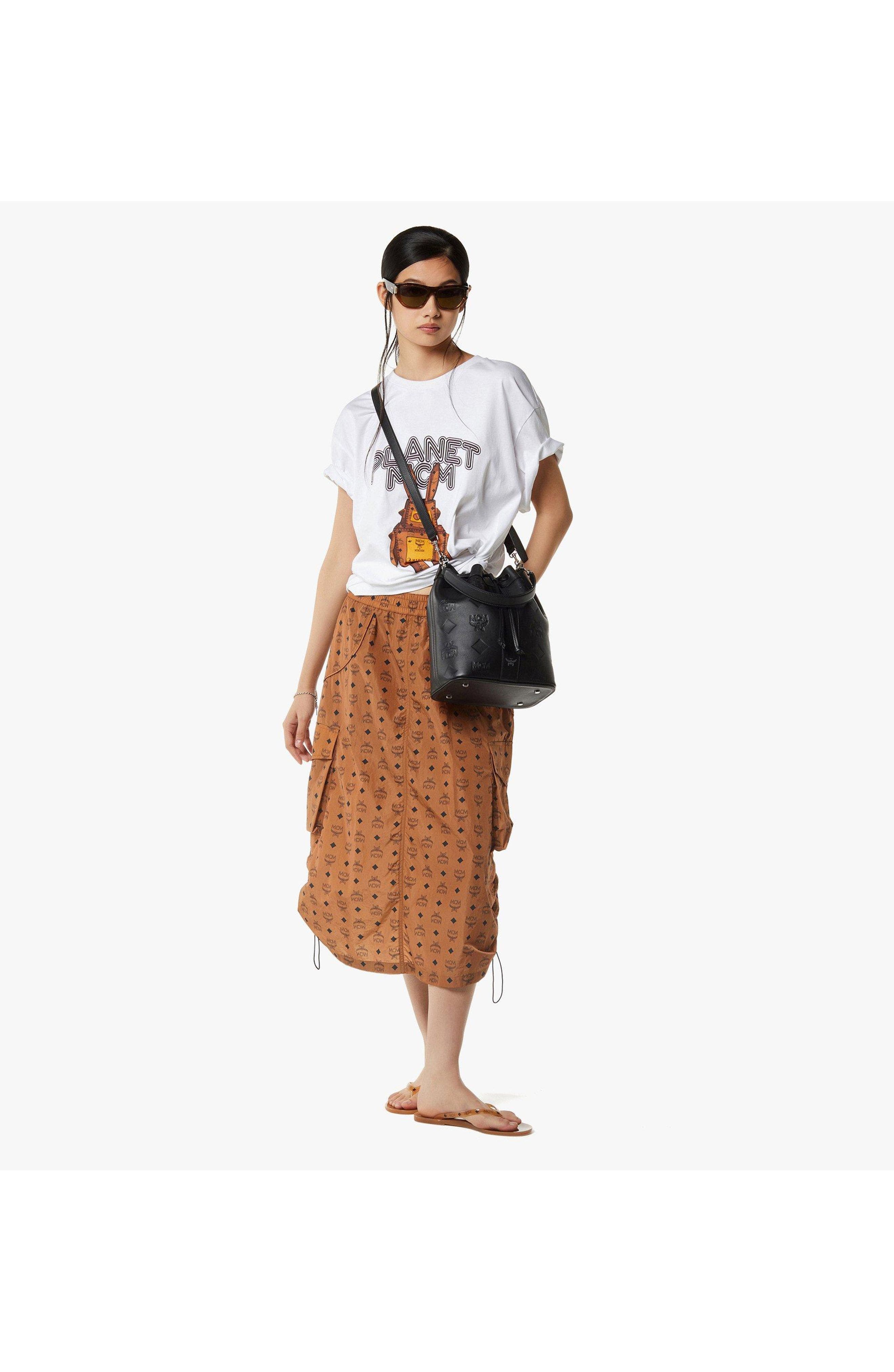 MCM Medium Dessau Drawstring Bag in Maxi Monogram Leather, Alternate, color, Black