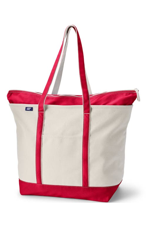 Lands' End Zip Top Long Handle Canvas Tote Bag In Natural/heritage Red