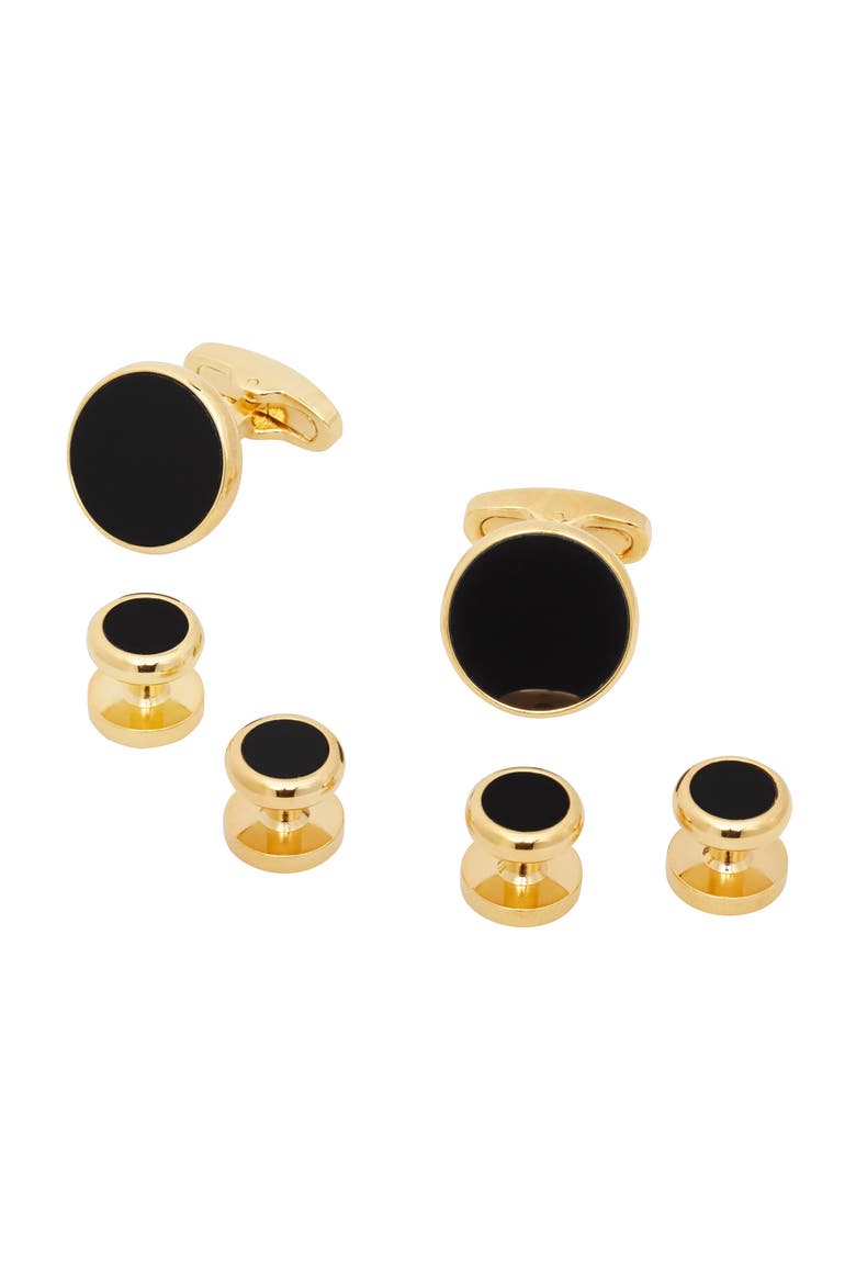Classic Round Gold Plated Gemstone Cufflinks And Tuxedo Studs, Main, color, BLACK/GOLD