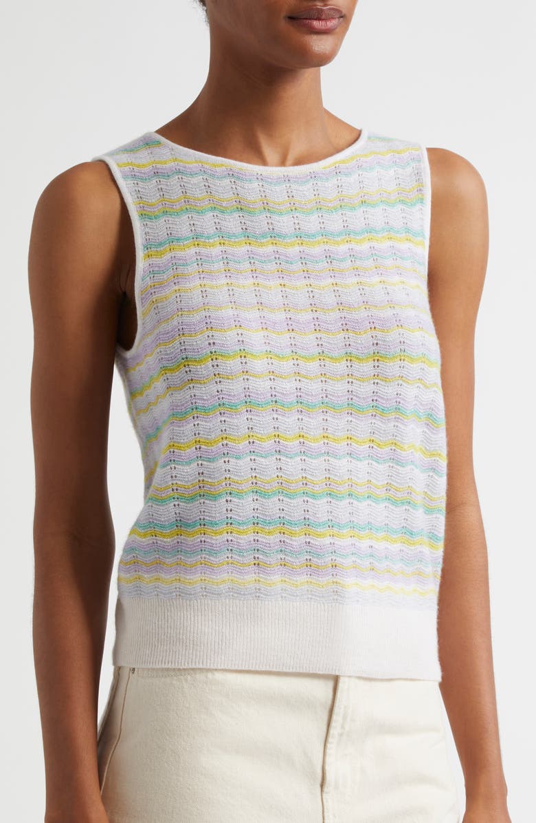 MARGARET O'LEARY Chevron Stripe Pointelle Cashmere & Linen Sleeveless Sweater, Alternate, color, 