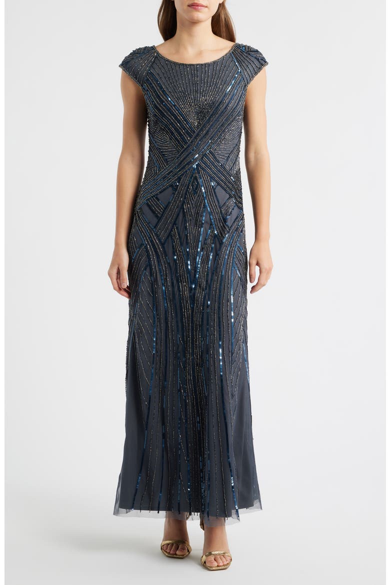 Embellished Cap Sleeve Gown, Main, color, SMOKE
